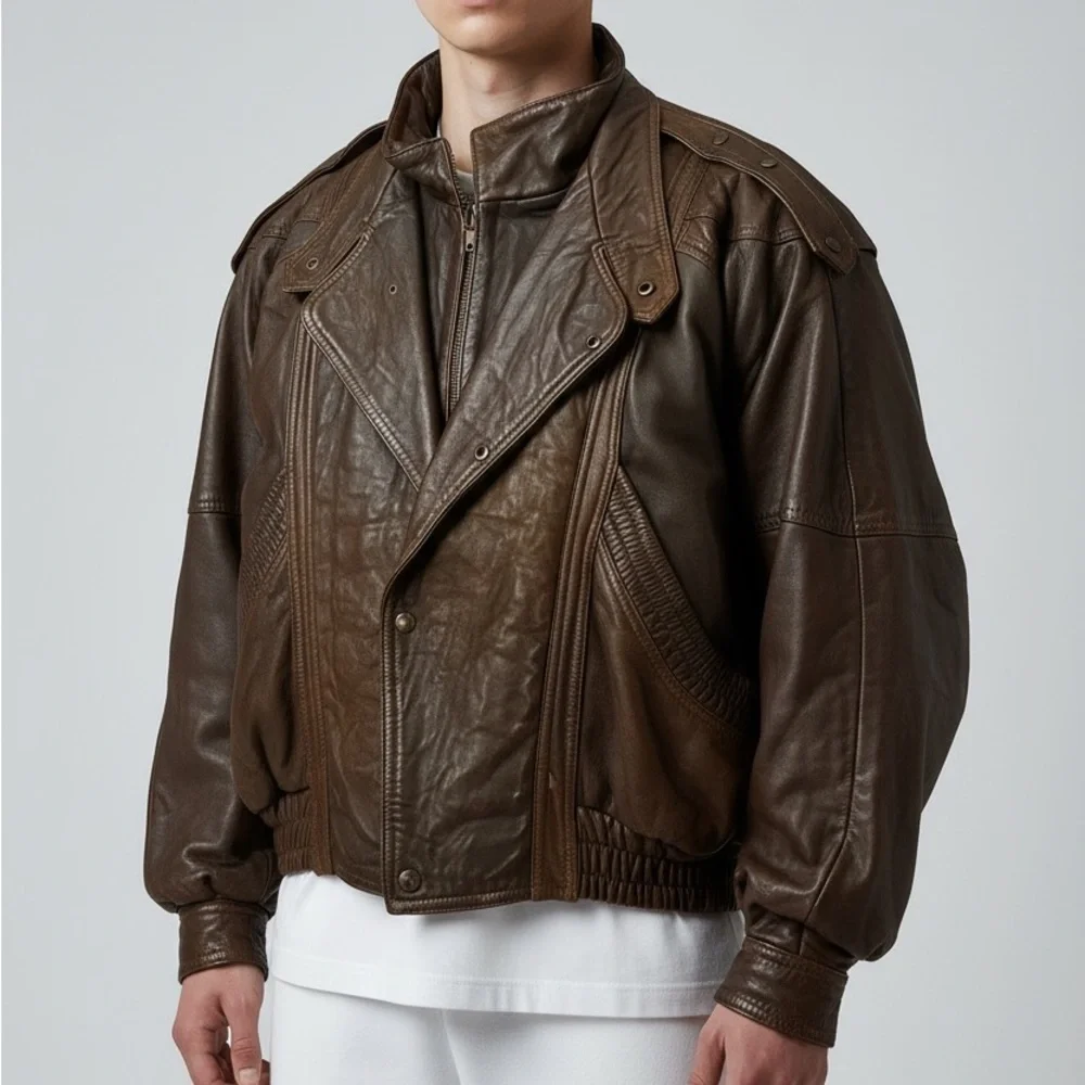 VTG 80s BOMBER Leather Aviator Flight Jacket Lined Men’s Large Vintage